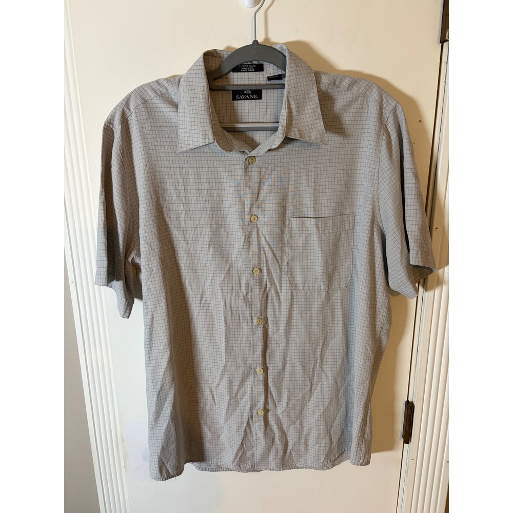Savane Mens Grey Grid Short Sleeve Button Down Shirt Easy Care Large